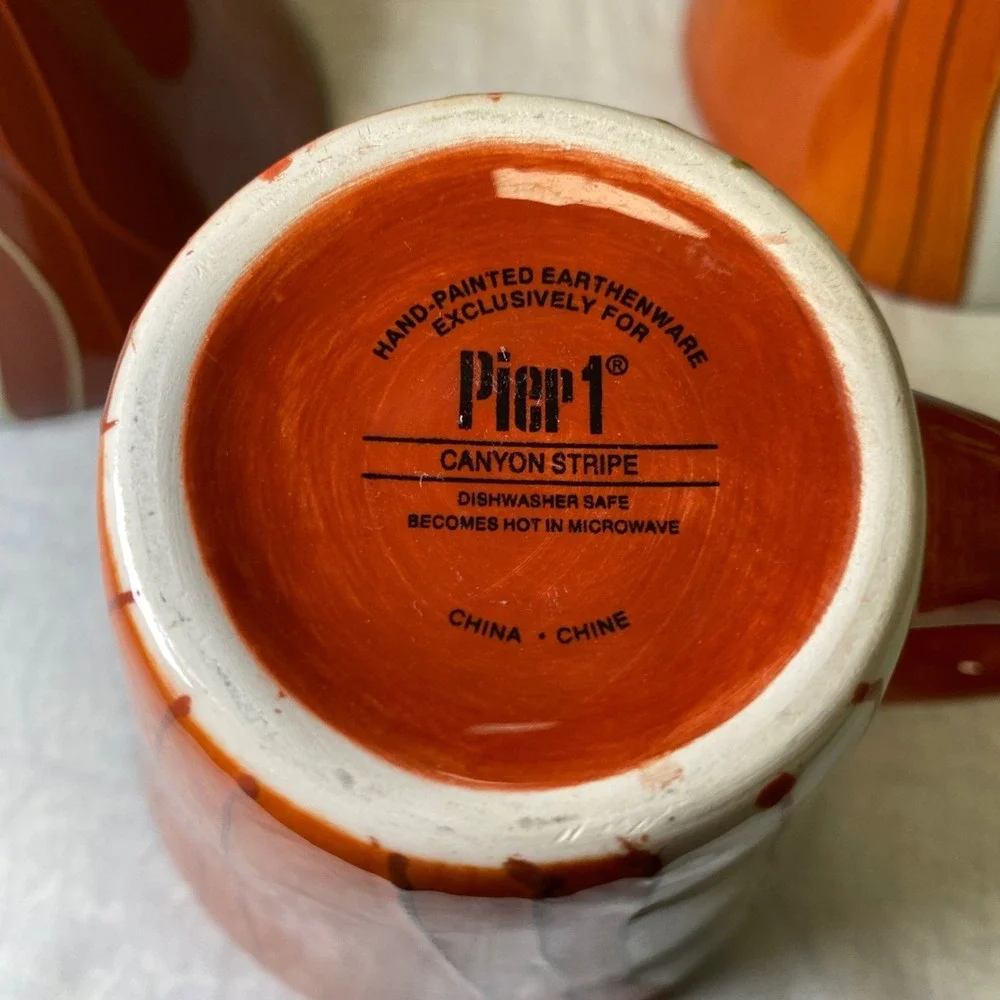 Pier 1‎ Canyon Stripe Hand Painted Earthenware Mug Set Orange White 4pc